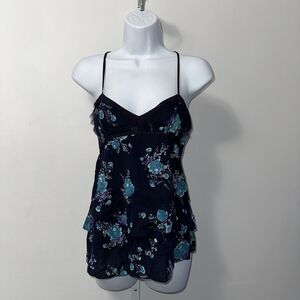 Free People Navy Blue Floral Top Lace Racerback Layered Ruffles Size 4